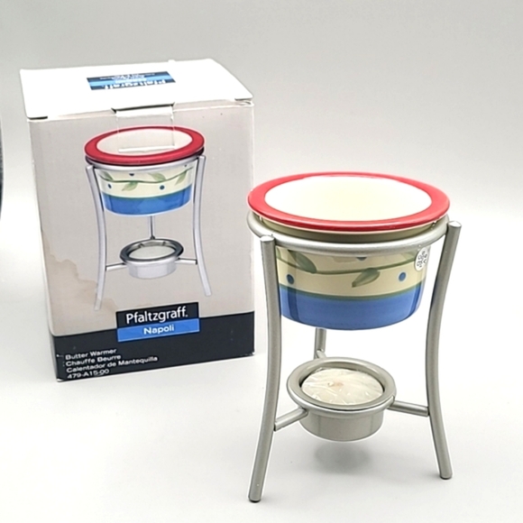 Pfaltzgraff Butter Warmer with Cup & Metal Stand Napoli Stoneware, NIB